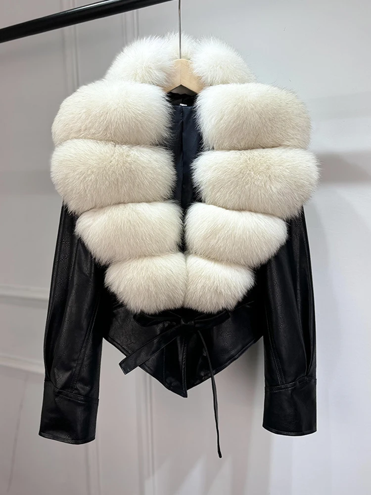 Janveny Huge Big Natural Fox Fur 2025 New Autumen Winter Pu Faux Leather Jacket Women Casual Female Lapel Zipper Motorcycle Coat