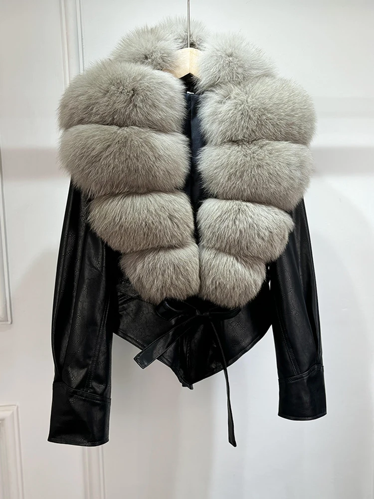 Janveny Huge Big Natural Fox Fur 2025 New Autumen Winter Pu Faux Leather Jacket Women Casual Female Lapel Zipper Motorcycle Coat