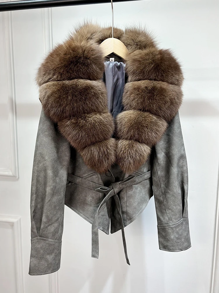 Janveny Huge Big Natural Fox Fur 2025 New Autumen Winter Pu Faux Leather Jacket Women Casual Female Lapel Zipper Motorcycle Coat