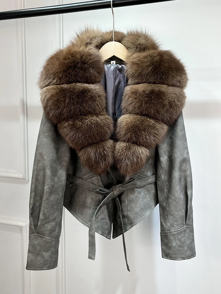Janveny Huge Big Natural Fox Fur 2025 New Autumen Winter Pu Faux Leather Jacket Women Casual Female Lapel Zipper Motorcycle Coat