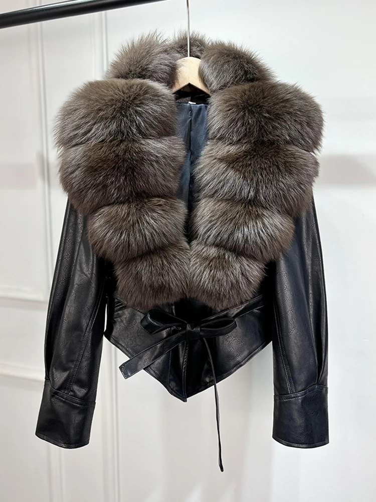 Janveny Huge Big Natural Fox Fur 2025 New Autumen Winter Pu Faux Leather Jacket Women Casual Female Lapel Zipper Motorcycle Coat
