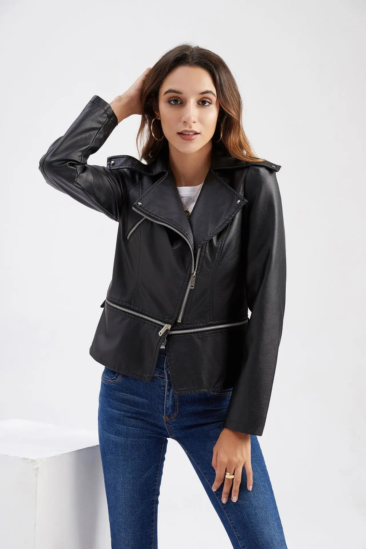 Spring Autumn Motorcycle PU Leather Jacket Women Casual Leather Coat Female Long Sleeve Turn-down Collar Solid Outwear