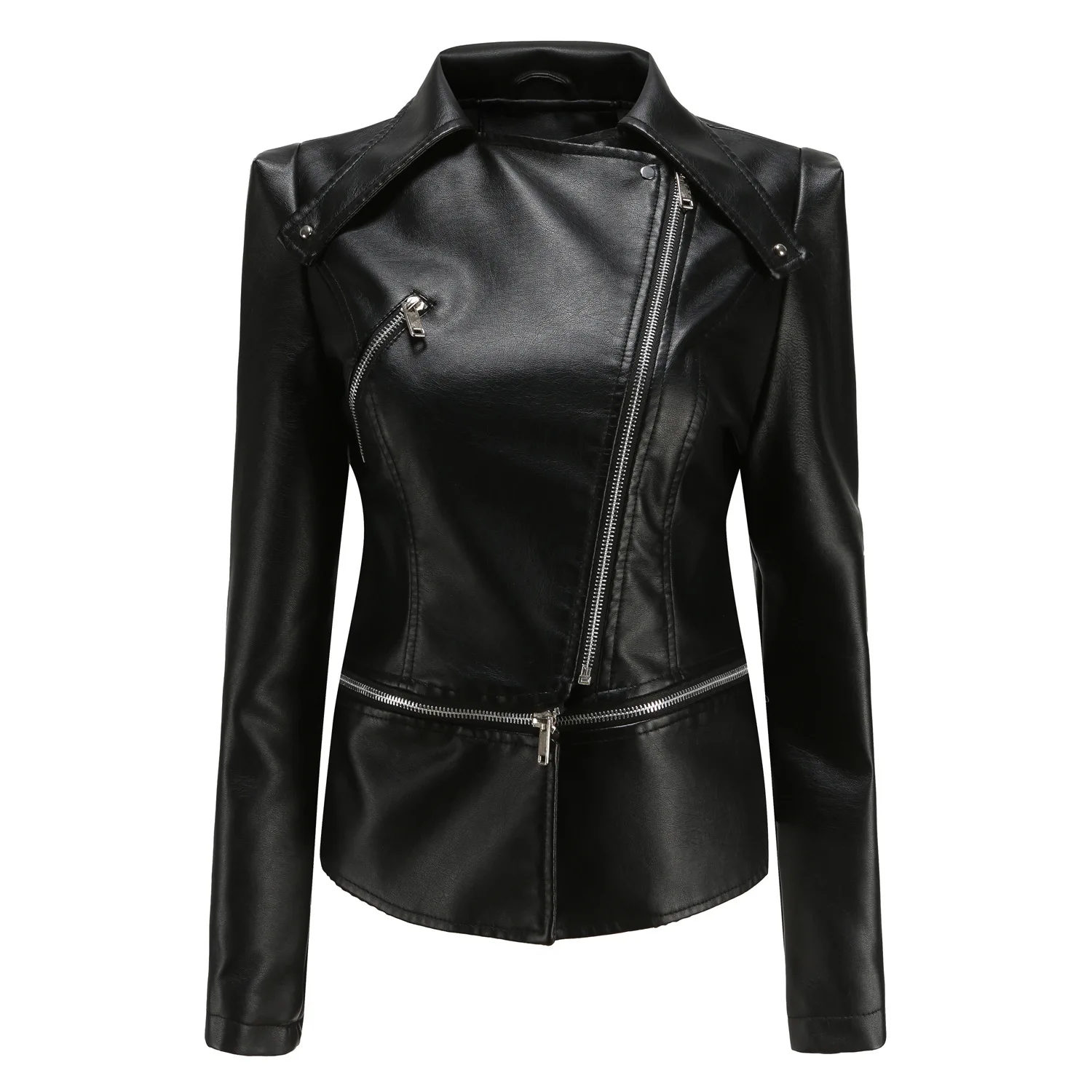 Spring Autumn Motorcycle PU Leather Jacket Women Casual Leather Coat Female Long Sleeve Turn-down Collar Solid Outwear