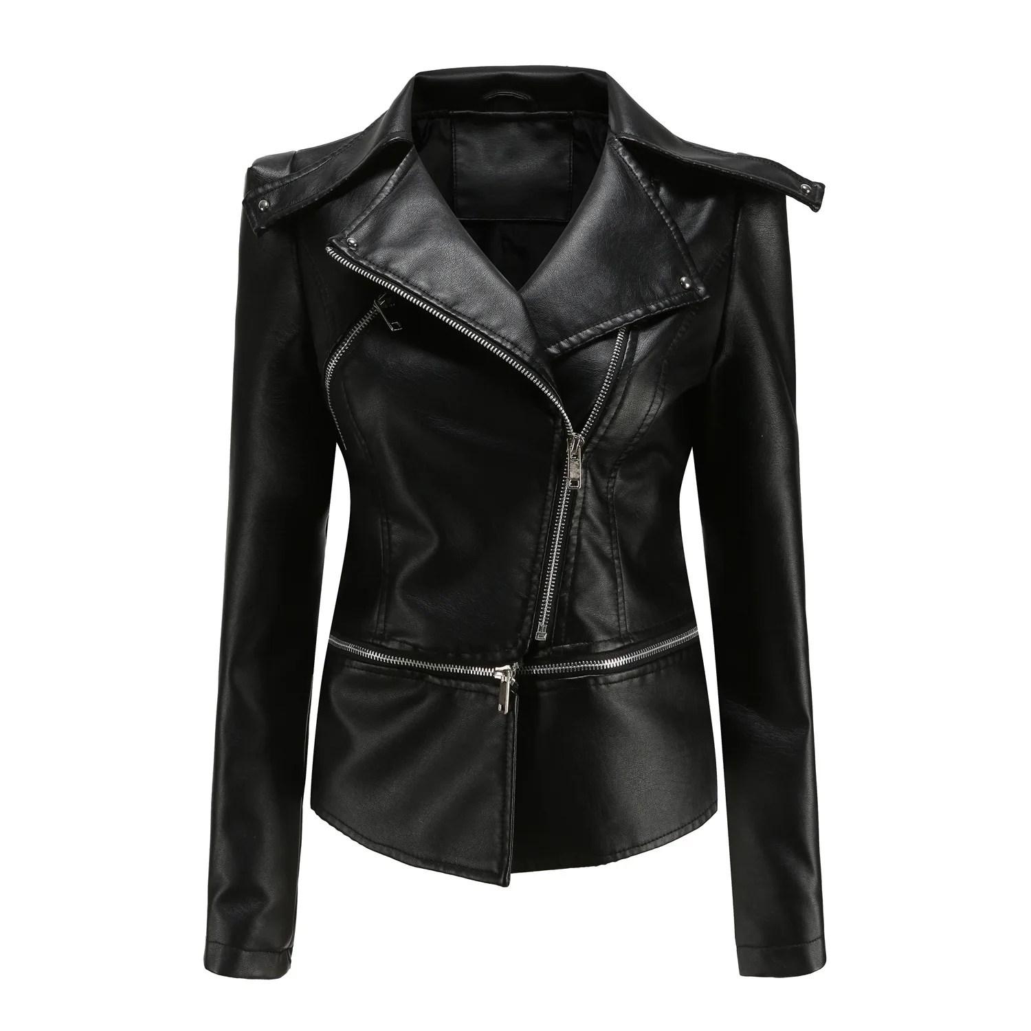 Spring Autumn Motorcycle PU Leather Jacket Women Casual Leather Coat Female Long Sleeve Turn-down Collar Solid Outwear