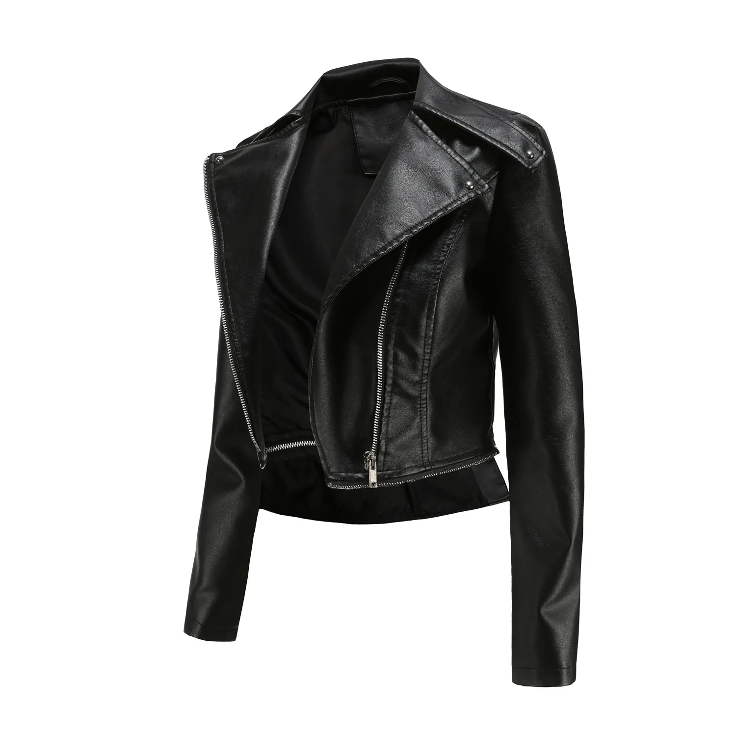 Spring Autumn Motorcycle PU Leather Jacket Women Casual Leather Coat Female Long Sleeve Turn-down Collar Solid Outwear