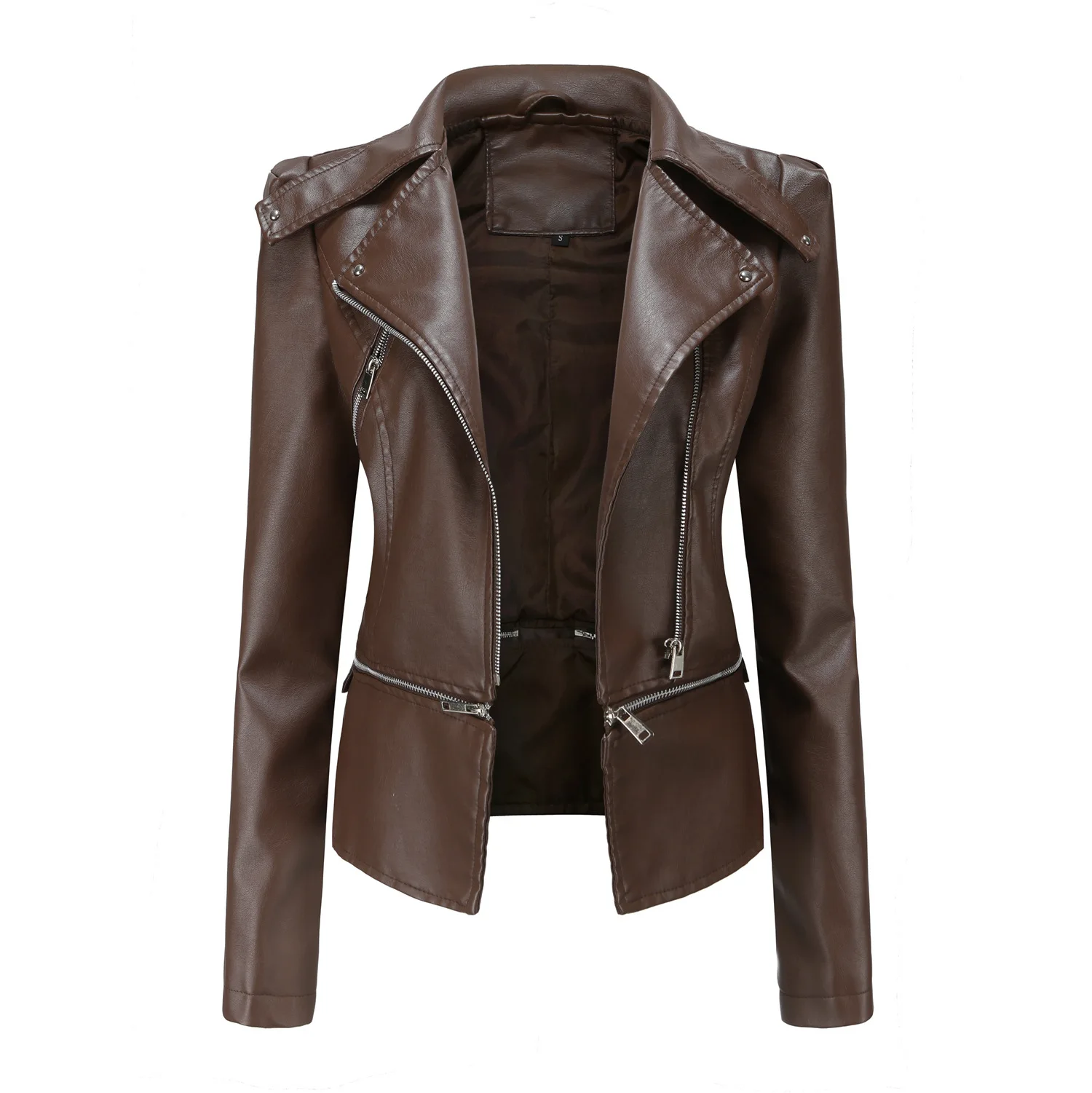 Spring Autumn Motorcycle PU Leather Jacket Women Casual Leather Coat Female Long Sleeve Turn-down Collar Solid Outwear