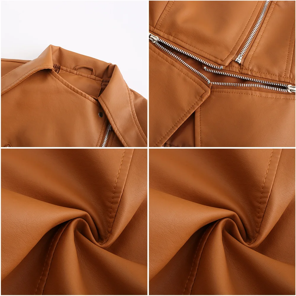 Spring Autumn Motorcycle PU Leather Jacket Women Casual Leather Coat Female Long Sleeve Turn-down Collar Solid Outwear