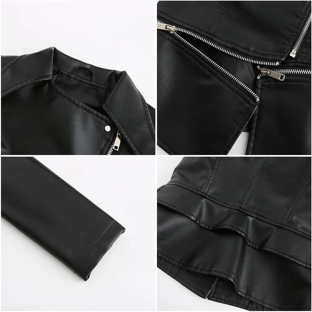 Spring Autumn Motorcycle PU Leather Jacket Women Casual Leather Coat Female Long Sleeve Turn-down Collar Solid Outwear