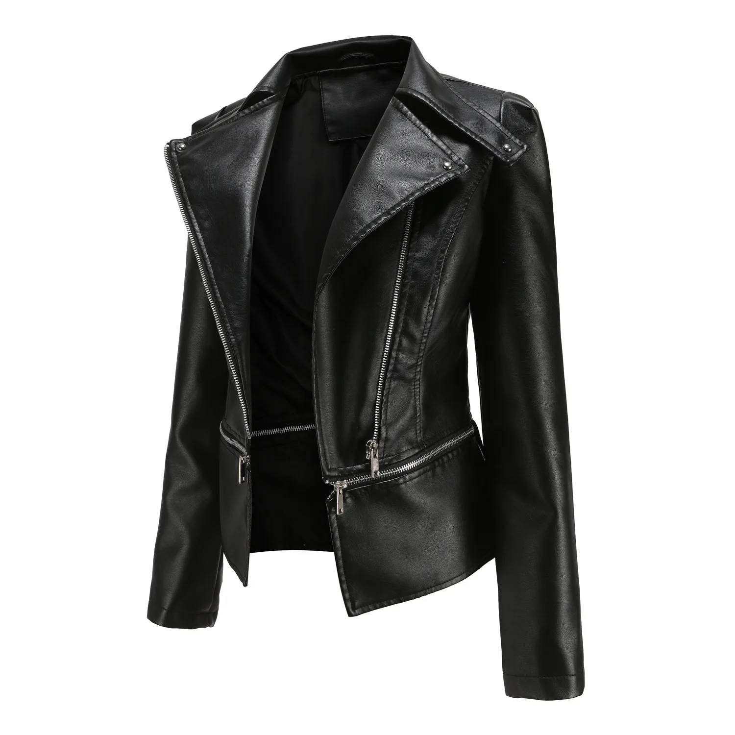 Spring Autumn Motorcycle PU Leather Jacket Women Casual Leather Coat Female Long Sleeve Turn-down Collar Solid Outwear