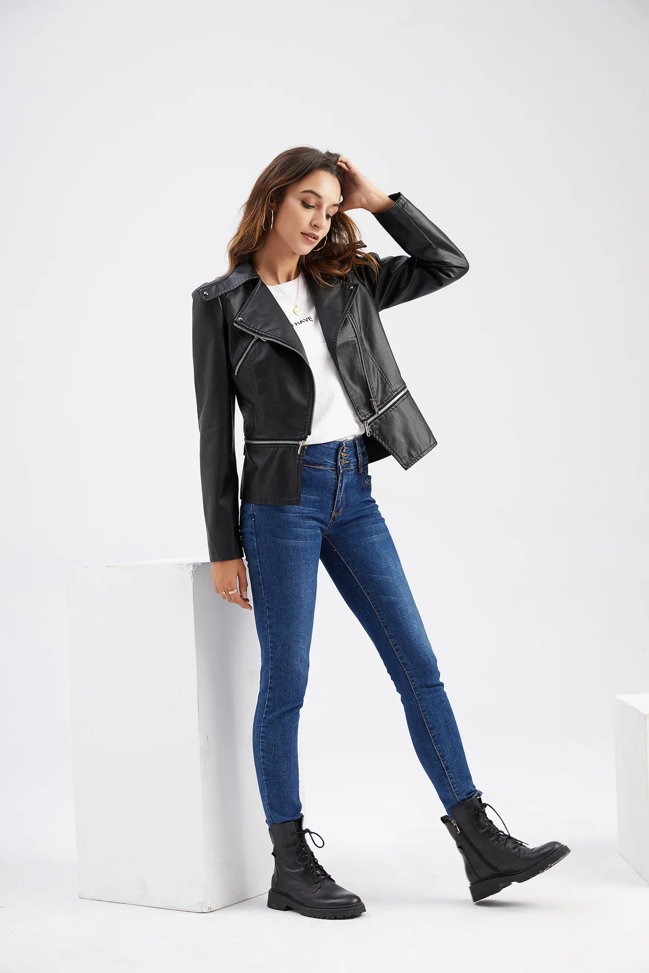Spring Autumn Motorcycle PU Leather Jacket Women Casual Leather Coat Female Long Sleeve Turn-down Collar Solid Outwear