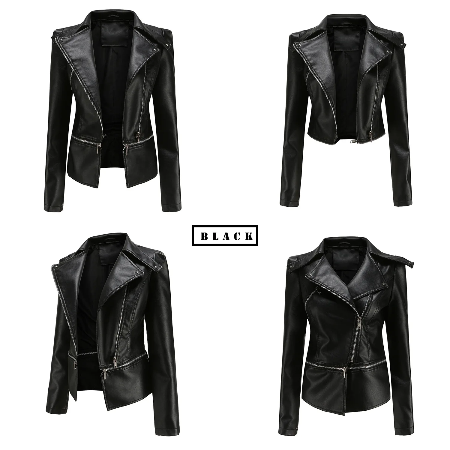 Spring Autumn Motorcycle PU Leather Jacket Women Casual Leather Coat Female Long Sleeve Turn-down Collar Solid Outwear