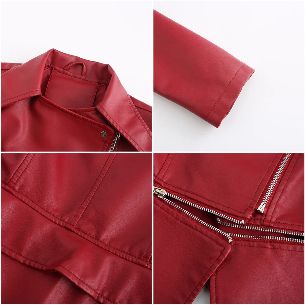 Spring Autumn Motorcycle PU Leather Jacket Women Casual Leather Coat Female Long Sleeve Turn-down Collar Solid Outwear