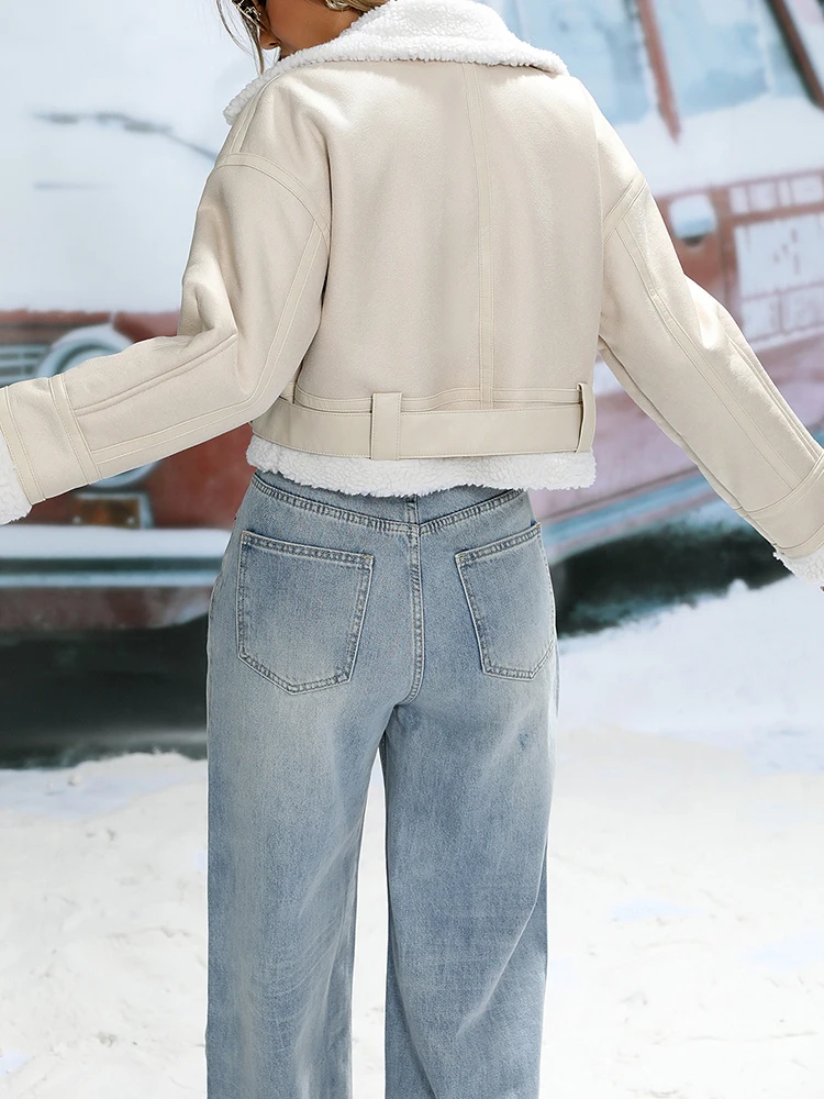 Ailegogo Autumn Winter Women Warm Spliced Faux Lamb Fur Jacket Vintage Female Zipper Belt Coat Outwear