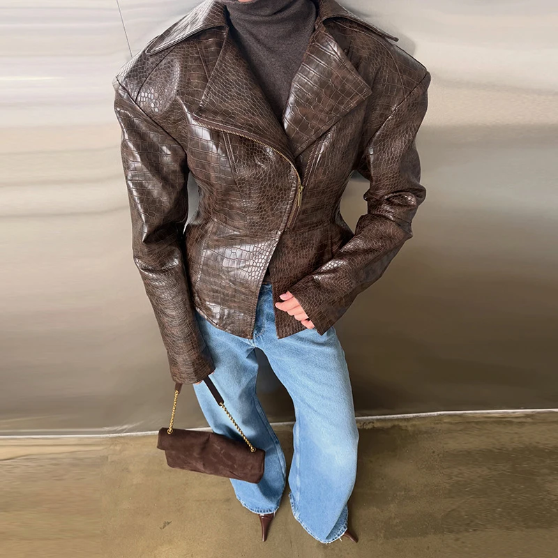 Street Women's Short Leather Jacket Slim Waist Cinched Lapel Long Sleeve Zipper Female Coat 2026 Autumn Lady Fashion Jackets