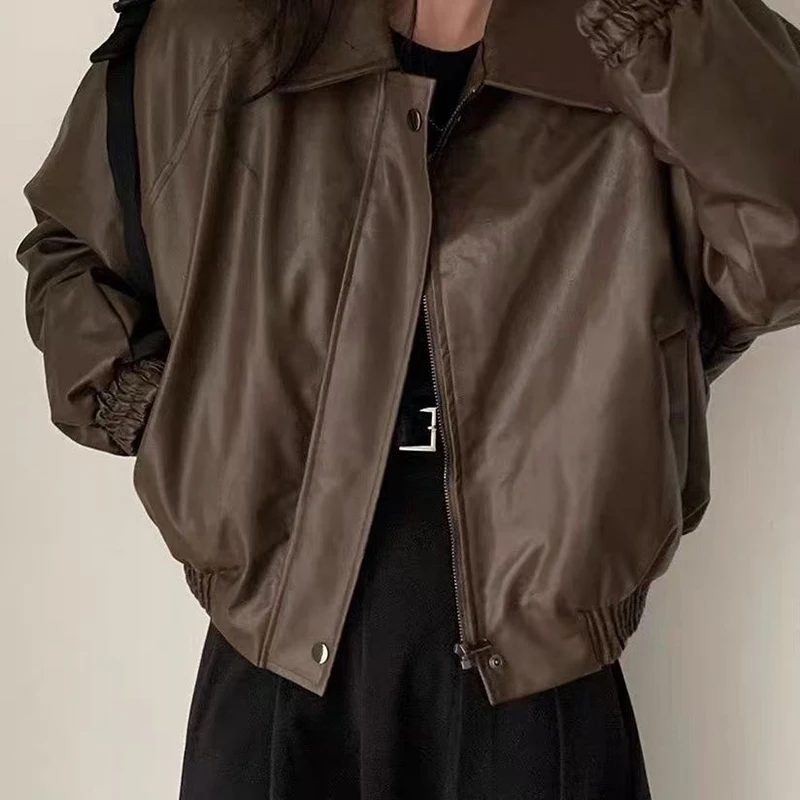 Cozy Brown Women Faux Leather Jacket Fleece Lined Oversized Baggy Coat Zip Up Elastic Hem Cropped Pu Streetwear Y2K Winter Top