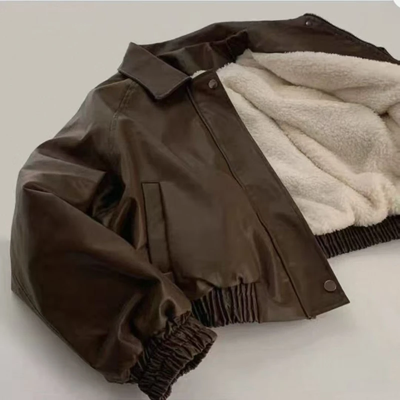 Cozy Brown Women Faux Leather Jacket Fleece Lined Oversized Baggy Coat Zip Up Elastic Hem Cropped Pu Streetwear Y2K Winter Top