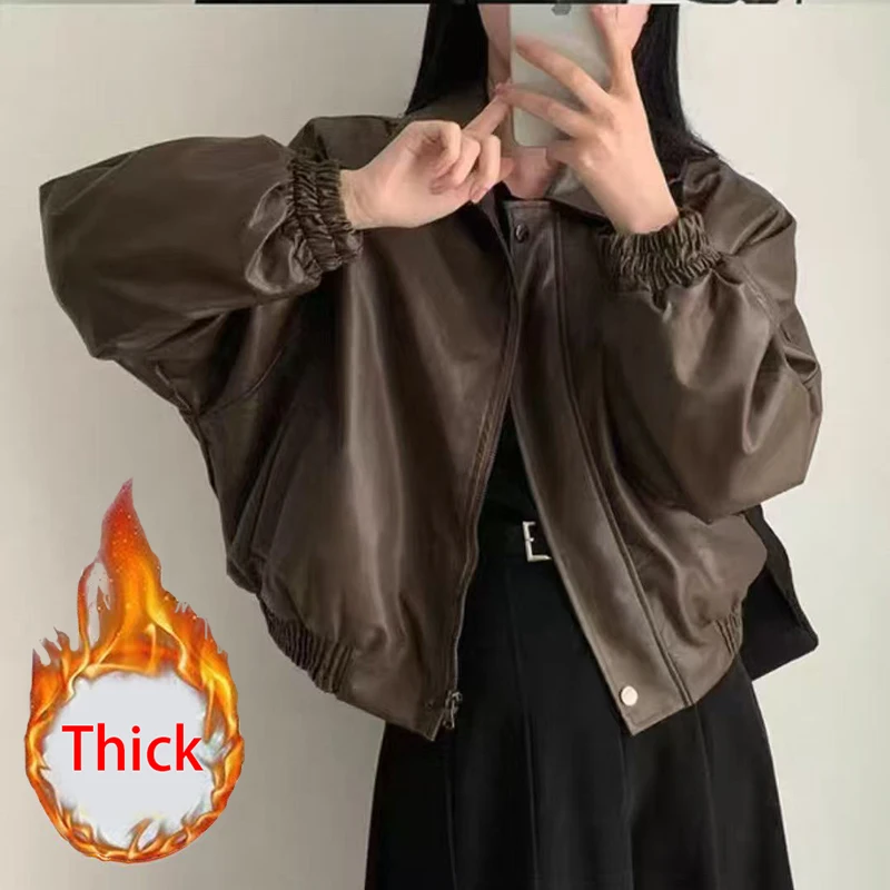 Cozy Brown Women Faux Leather Jacket Fleece Lined Oversized Baggy Coat Zip Up Elastic Hem Cropped Pu Streetwear Y2K Winter Top