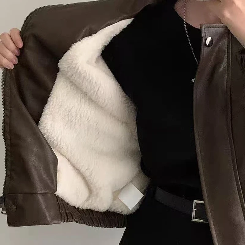 Cozy Brown Women Faux Leather Jacket Fleece Lined Oversized Baggy Coat Zip Up Elastic Hem Cropped Pu Streetwear Y2K Winter Top