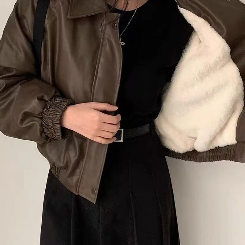 Cozy Brown Women Faux Leather Jacket Fleece Lined Oversized Baggy Coat Zip Up Elastic Hem Cropped Pu Streetwear Y2K Winter Top