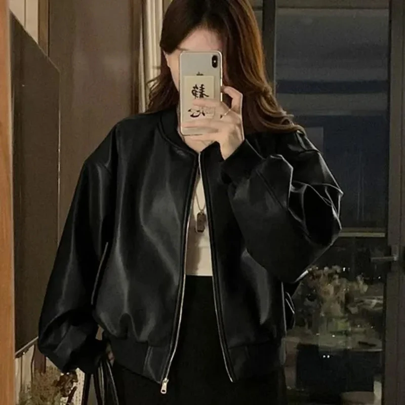 Cozy Brown Women Faux Leather Jacket Fleece Lined Oversized Baggy Coat Zip Up Elastic Hem Cropped Pu Streetwear Y2K Winter Top