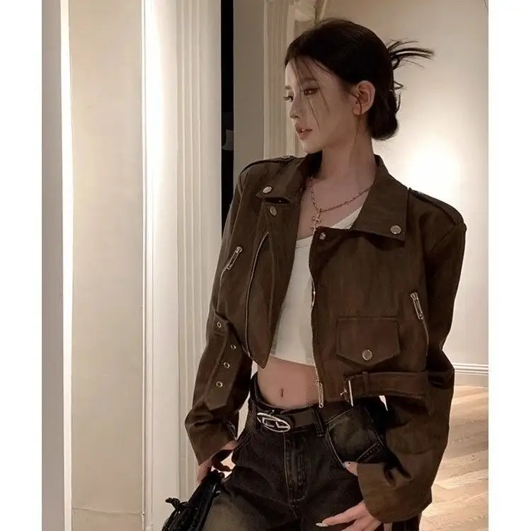 Y2k Retro Brown Faux Leather Jacket Outerwear Women Spring Autumn American Loose Cropped Jacket PU Leather Biker Coats Harajuku