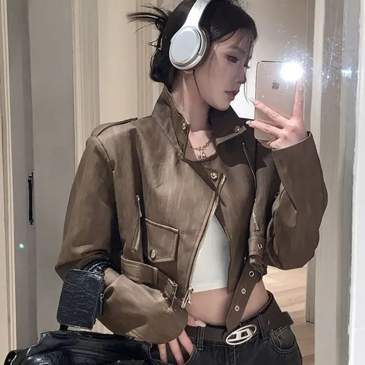 Y2k Retro Brown Faux Leather Jacket Outerwear Women Spring Autumn American Loose Cropped Jacket PU Leather Biker Coats Harajuku