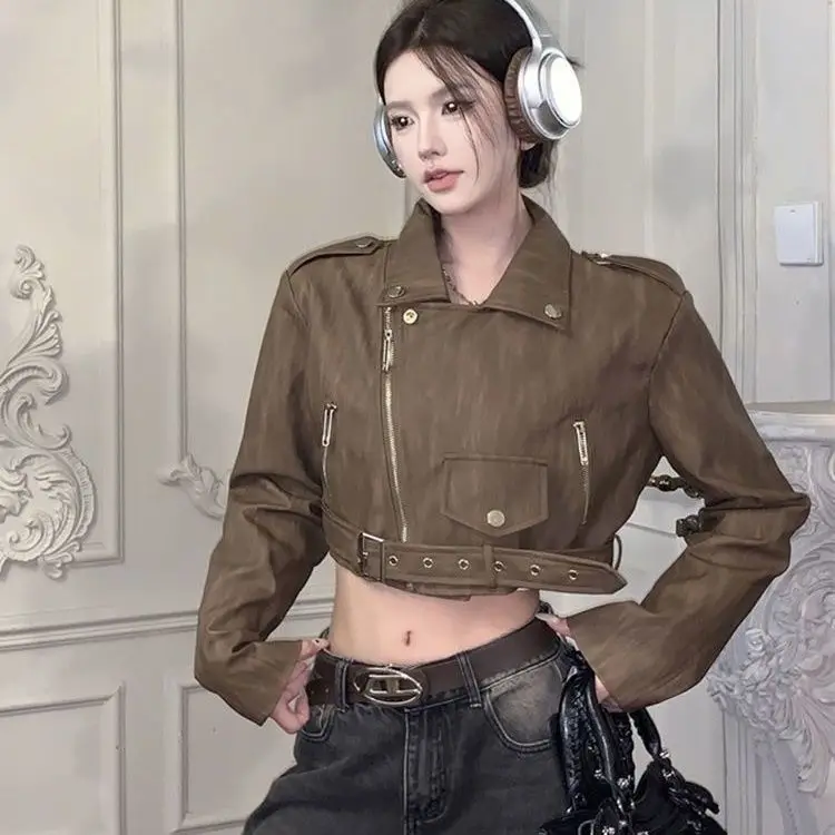 Y2k Retro Brown Faux Leather Jacket Outerwear Women Spring Autumn American Loose Cropped Jacket PU Leather Biker Coats Harajuku