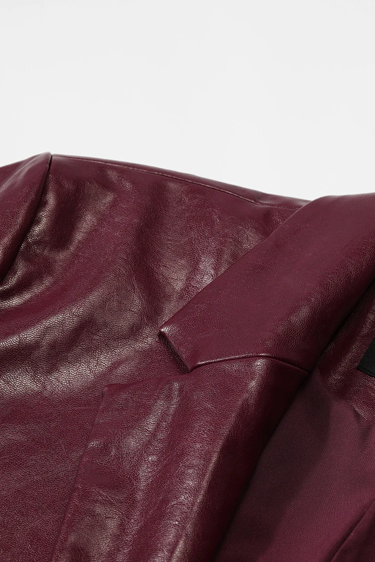ELFSACK Women's Faux Leather Blazer Oversized Wine Red Long Sleeve Casual Office Wear Jacket Fashion Streetwear Coat