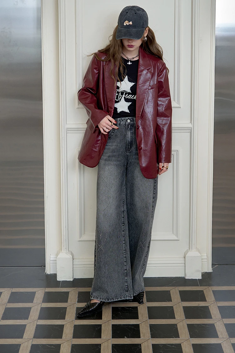 ELFSACK Women's Faux Leather Blazer Oversized Wine Red Long Sleeve Casual Office Wear Jacket Fashion Streetwear Coat