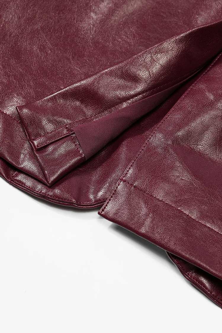 ELFSACK Women's Faux Leather Blazer Oversized Wine Red Long Sleeve Casual Office Wear Jacket Fashion Streetwear Coat