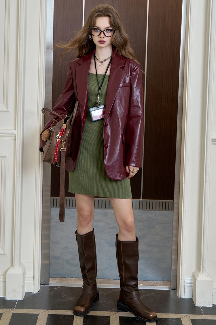ELFSACK Women's Faux Leather Blazer Oversized Wine Red Long Sleeve Casual Office Wear Jacket Fashion Streetwear Coat