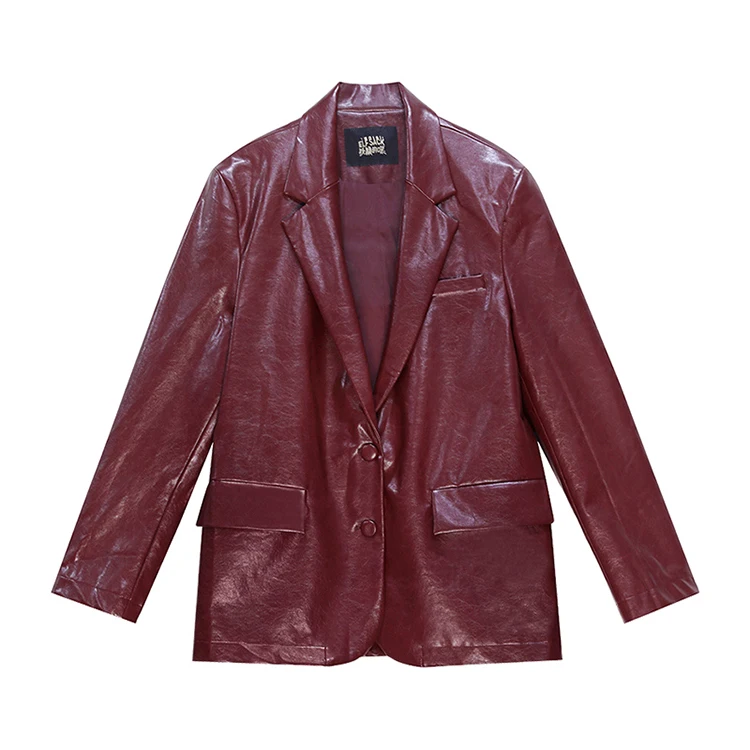 ELFSACK Women's Faux Leather Blazer Oversized Wine Red Long Sleeve Casual Office Wear Jacket Fashion Streetwear Coat