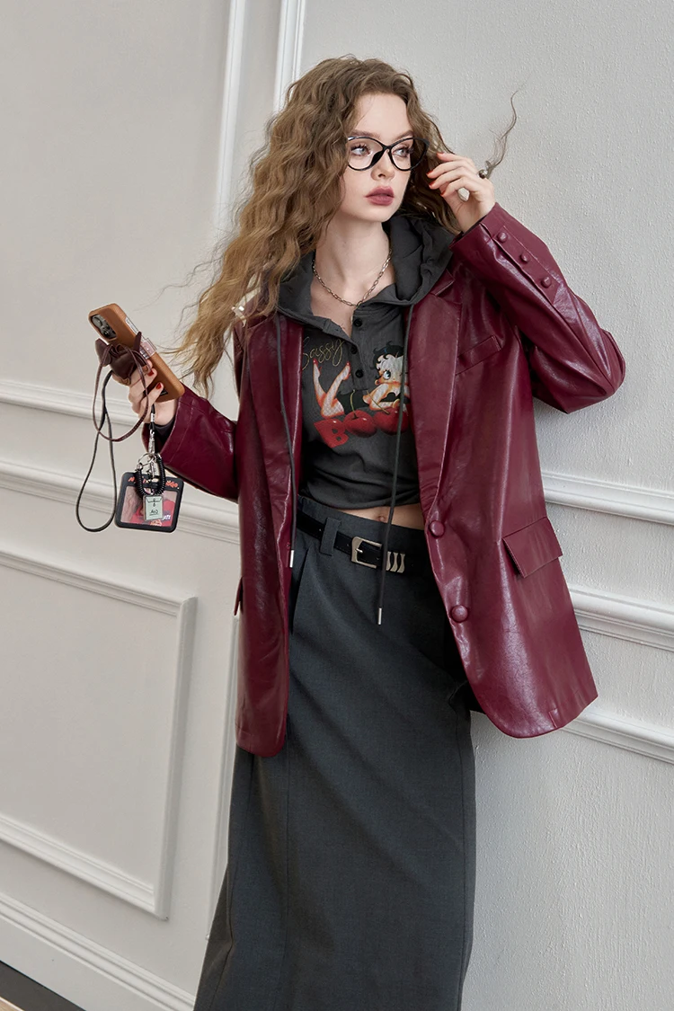 ELFSACK Women's Faux Leather Blazer Oversized Wine Red Long Sleeve Casual Office Wear Jacket Fashion Streetwear Coat