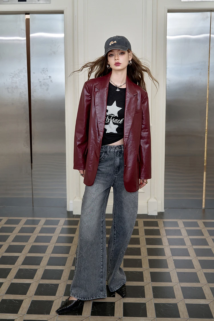 ELFSACK Women's Faux Leather Blazer Oversized Wine Red Long Sleeve Casual Office Wear Jacket Fashion Streetwear Coat