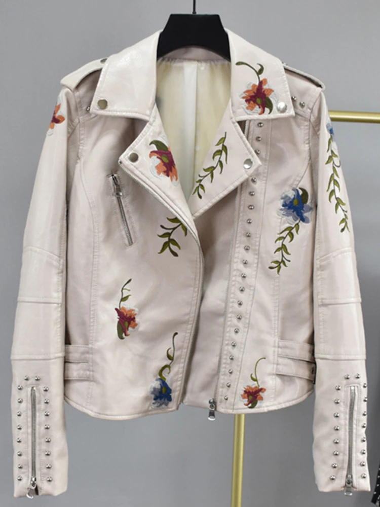 Ailegogo Women Vintage Floral Print Embroidery Pu Faux Leather Jacket Spring Autumn Female Zipper Punk Moto Biker Coat Outwear