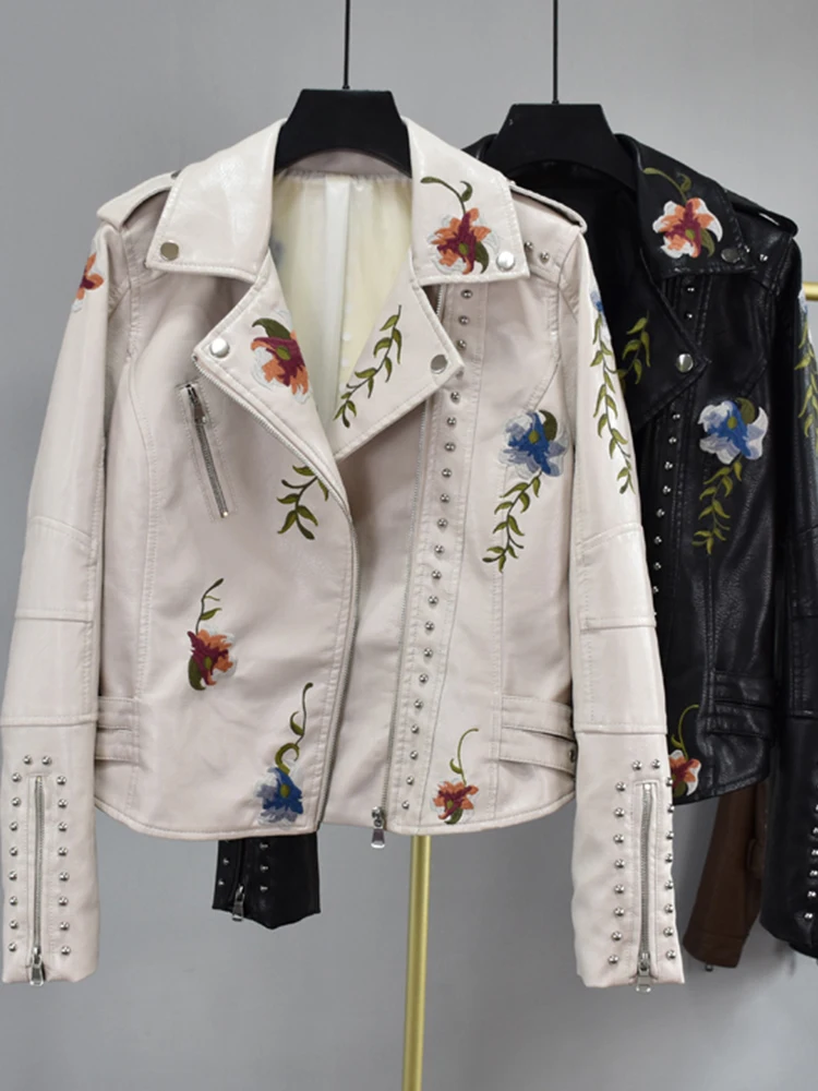 Ailegogo Women Vintage Floral Print Embroidery Pu Faux Leather Jacket Spring Autumn Female Zipper Punk Moto Biker Coat Outwear