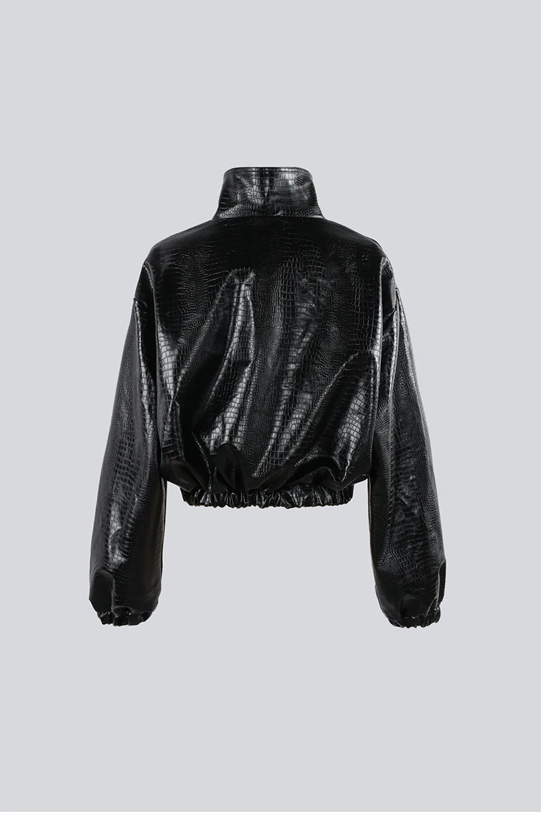 Mauroicardi Spring Autumn Short Black Brown Crocodile Print Faux Leather Jacket Women Stand Collar Button Up Luxury Clothes 2025