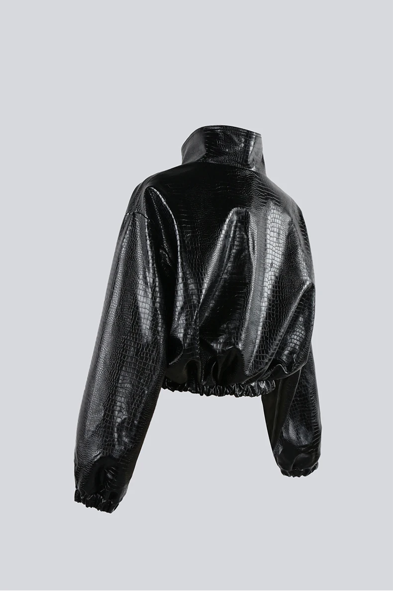 Mauroicardi Spring Autumn Short Black Brown Crocodile Print Faux Leather Jacket Women Stand Collar Button Up Luxury Clothes 2025