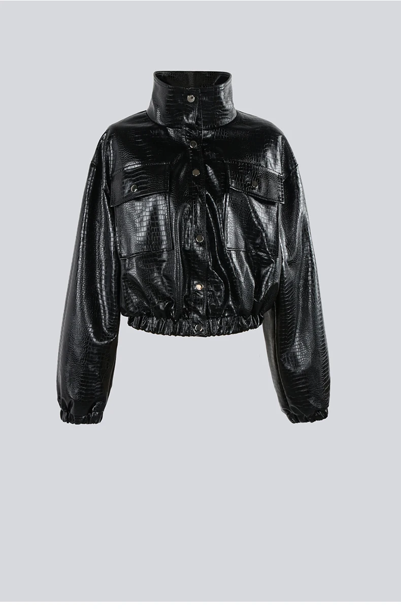Mauroicardi Spring Autumn Short Black Brown Crocodile Print Faux Leather Jacket Women Stand Collar Button Up Luxury Clothes 2025