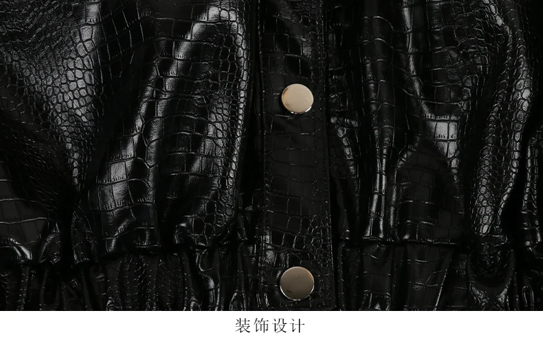 Mauroicardi Spring Autumn Short Black Brown Crocodile Print Faux Leather Jacket Women Stand Collar Button Up Luxury Clothes 2025