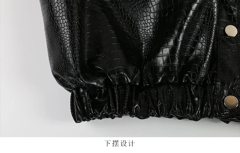 Mauroicardi Spring Autumn Short Black Brown Crocodile Print Faux Leather Jacket Women Stand Collar Button Up Luxury Clothes 2025