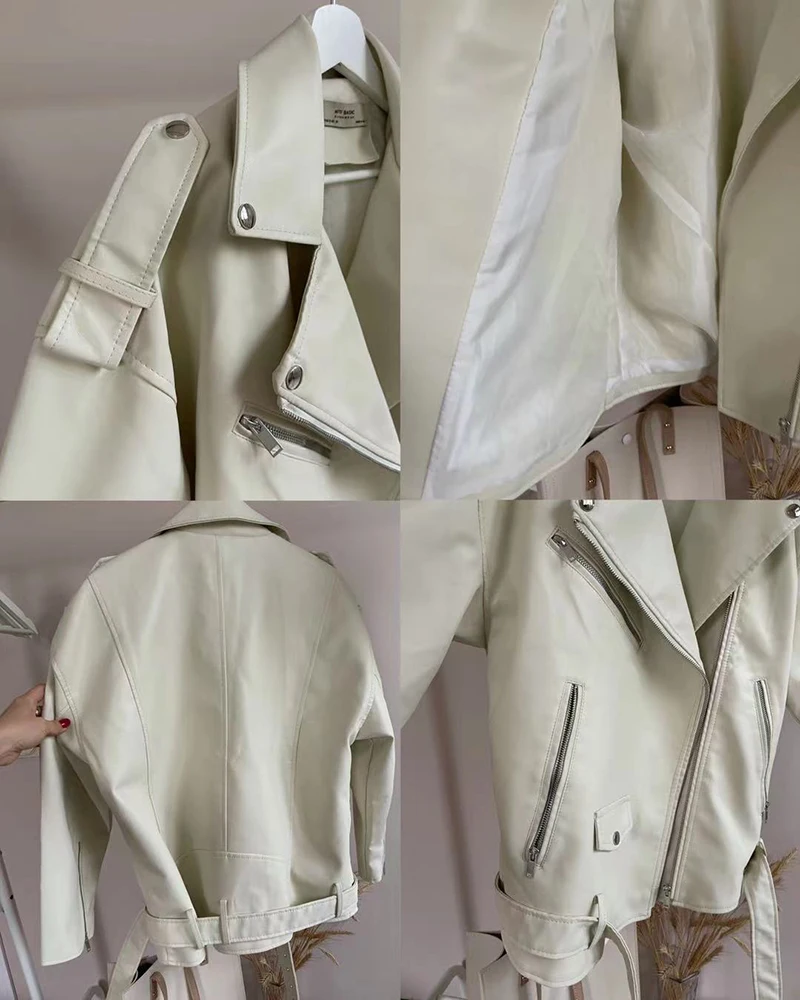 FTLZZ Spring Autumn Faux Leather Jackets Women Loose Casual Coat Female Drop-shoulder Motorcycles Locomotive Outwear With Belt
