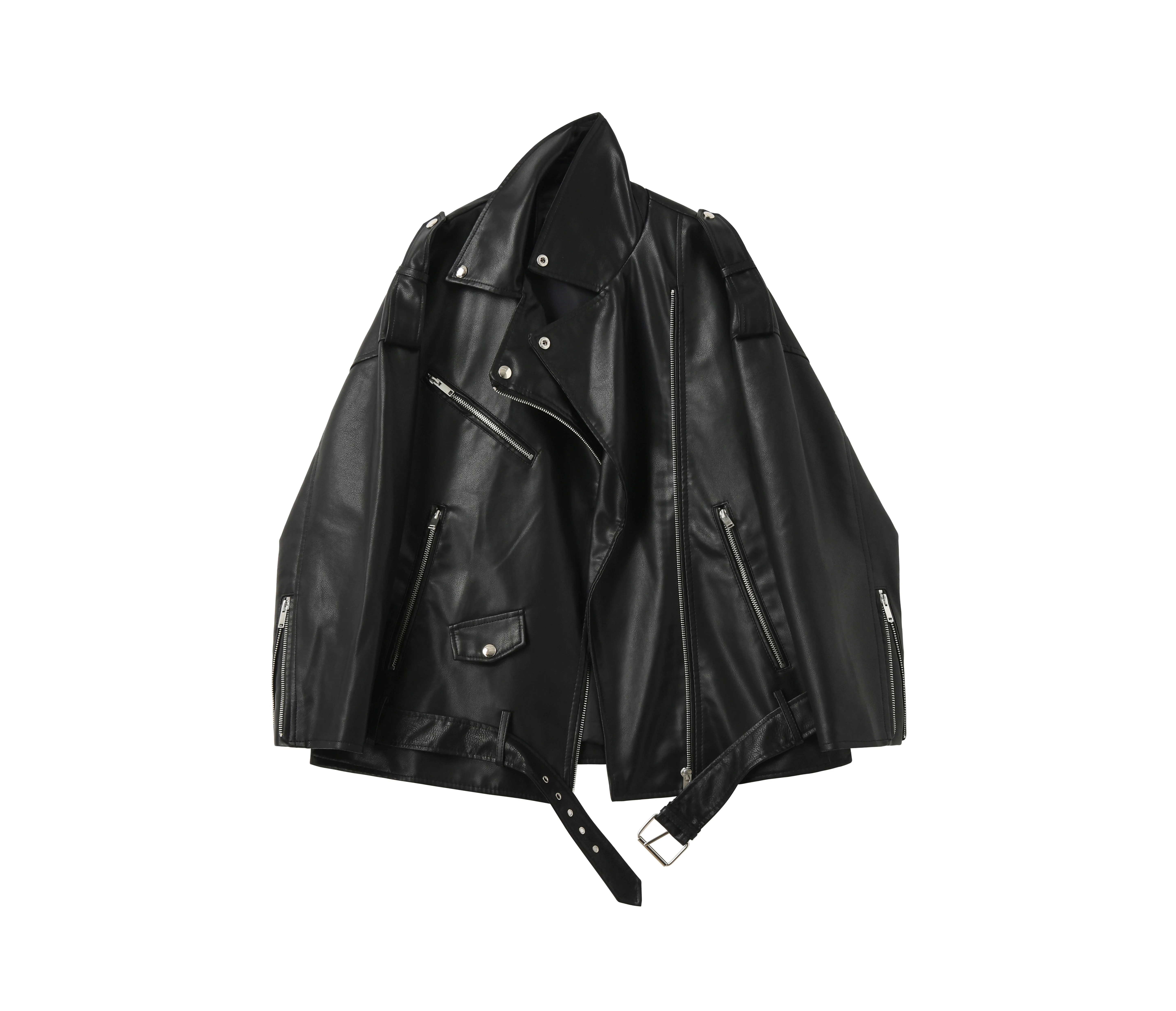 FTLZZ Spring Autumn Faux Leather Jackets Women Loose Casual Coat Female Drop-shoulder Motorcycles Locomotive Outwear With Belt