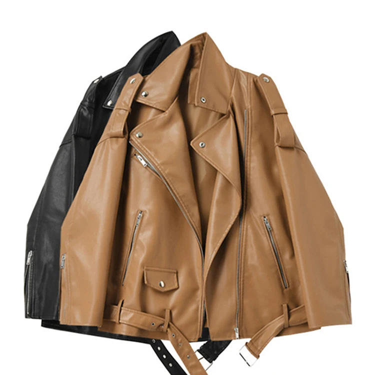 FTLZZ Spring Autumn Faux Leather Jackets Women Loose Casual Coat Female Drop-shoulder Motorcycles Locomotive Outwear With Belt