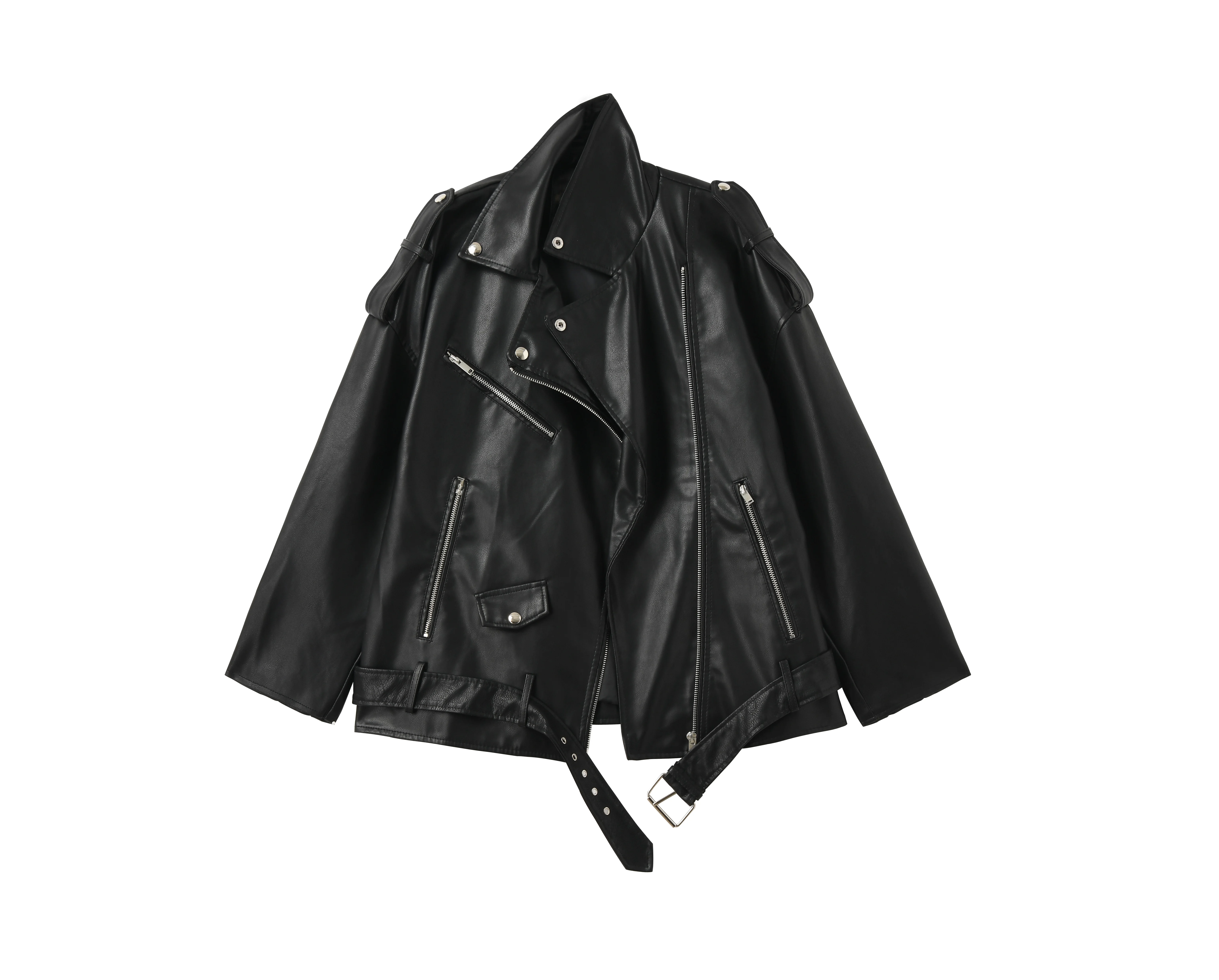FTLZZ Spring Autumn Faux Leather Jackets Women Loose Casual Coat Female Drop-shoulder Motorcycles Locomotive Outwear With Belt