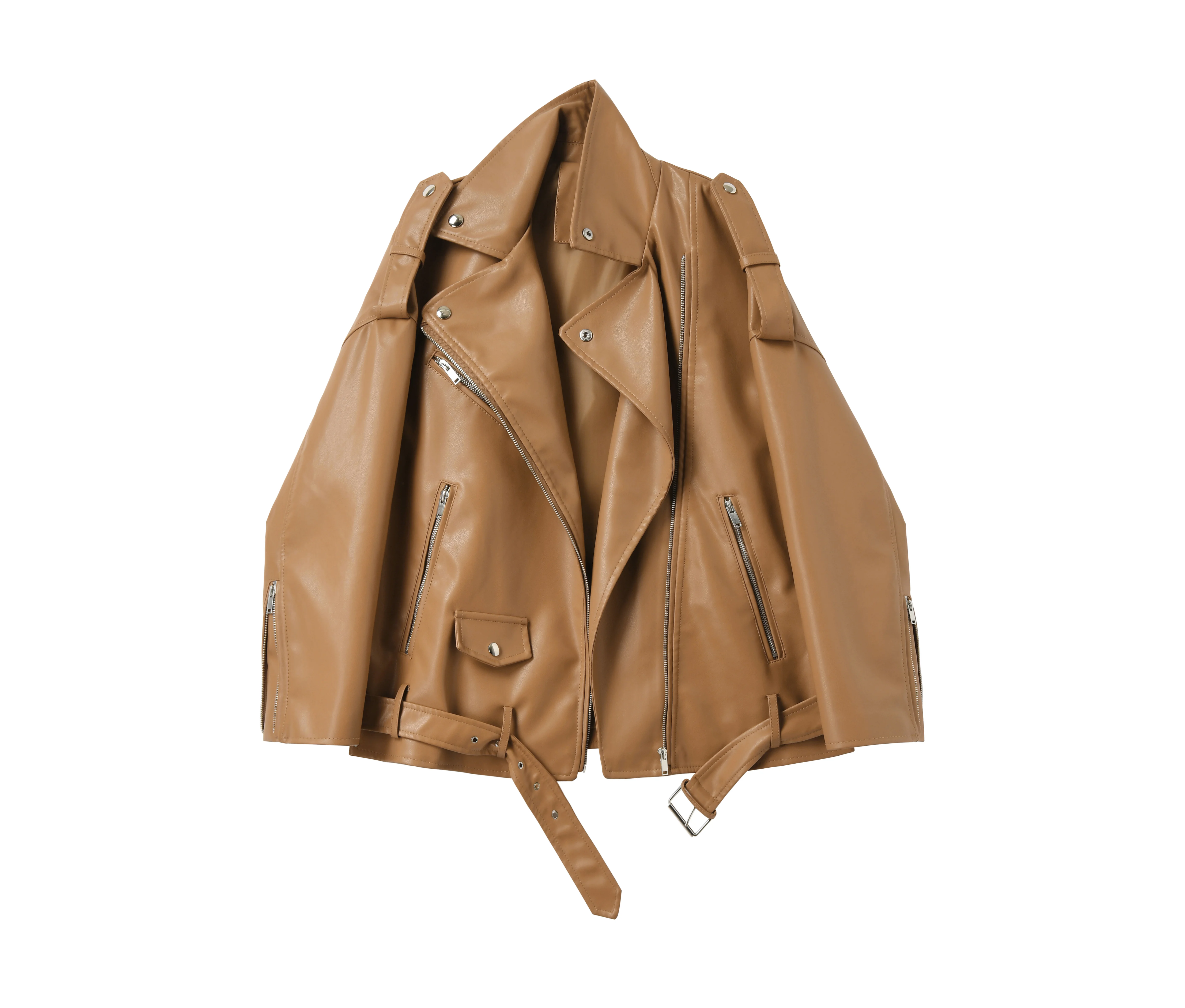 FTLZZ Spring Autumn Faux Leather Jackets Women Loose Casual Coat Female Drop-shoulder Motorcycles Locomotive Outwear With Belt