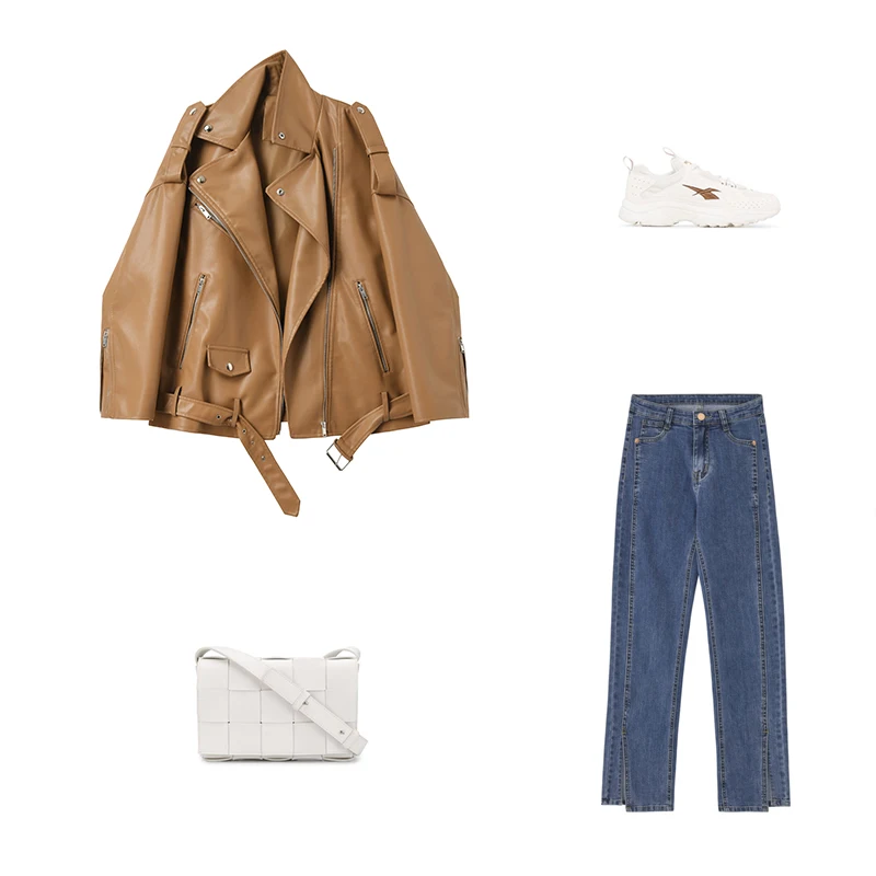 FTLZZ Spring Autumn Faux Leather Jackets Women Loose Casual Coat Female Drop-shoulder Motorcycles Locomotive Outwear With Belt