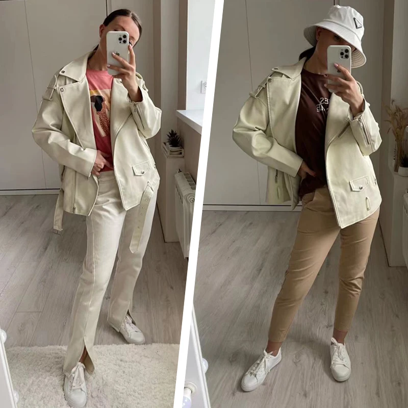 FTLZZ Spring Autumn Faux Leather Jackets Women Loose Casual Coat Female Drop-shoulder Motorcycles Locomotive Outwear With Belt