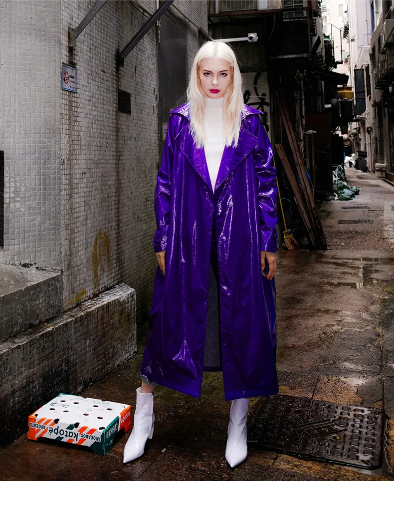 Nerazzurri Spring Autumn Purple Shiny Womens Patent Leather trench coat belt raglan sleeve Oversized soft runway long Overcoat