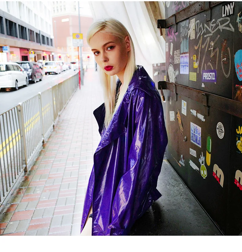 Nerazzurri Spring Autumn Purple Shiny Womens Patent Leather trench coat belt raglan sleeve Oversized soft runway long Overcoat